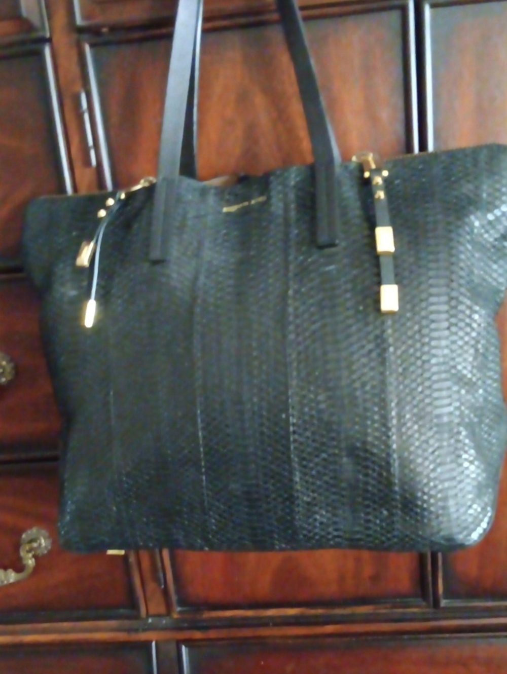 Michael Kors Collection Black Python Large Tote with Gold Hardware